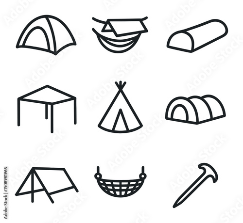 Outline Tent Icons. Outline icon set of tent types and shelter: dome tent, hammock with tarp, bivy sack, canopy shelter, teepee,