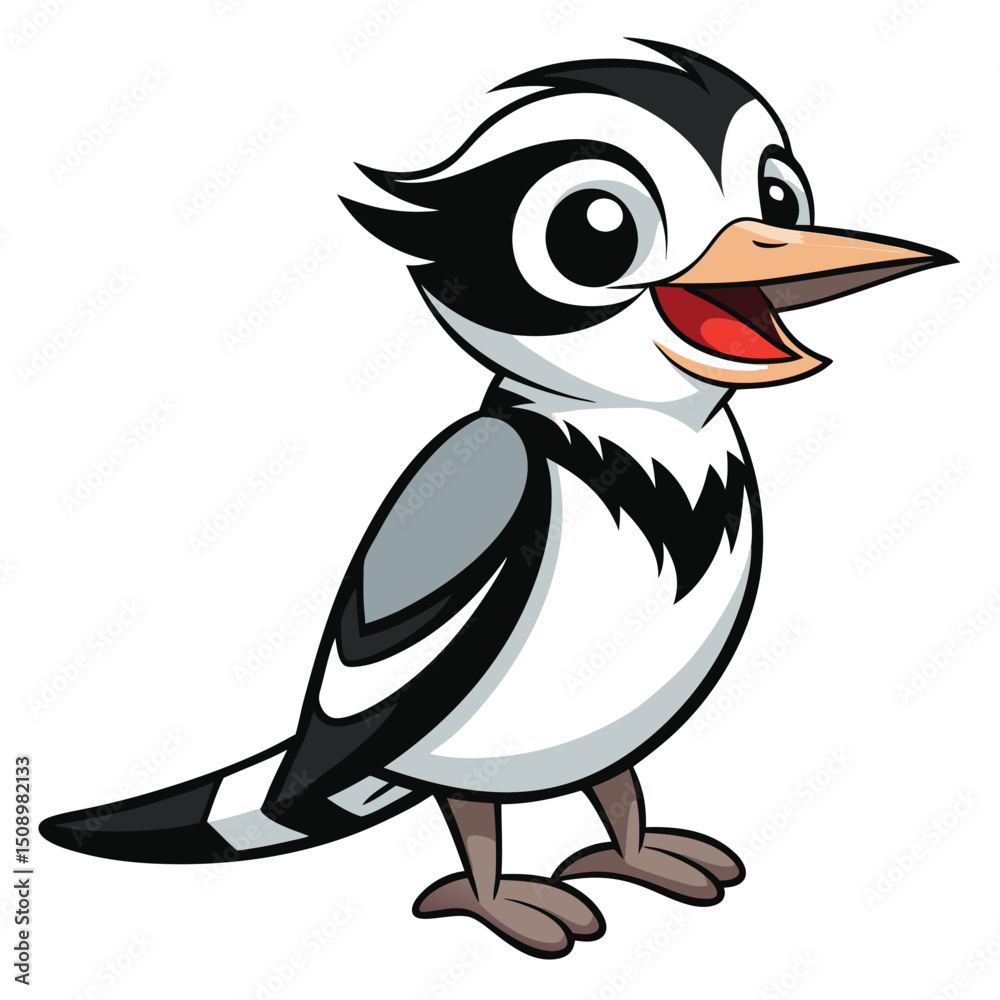 Fototapeta premium Adorable cartoon bird with black and white feathers appears to be smiling gently