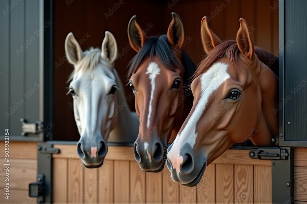 Obraz premium Three horses peek out from their wooden stable, each displaying distinct colors and expressions. The warm glow of sunset creates a serene atmosphere, bringing out their beauty