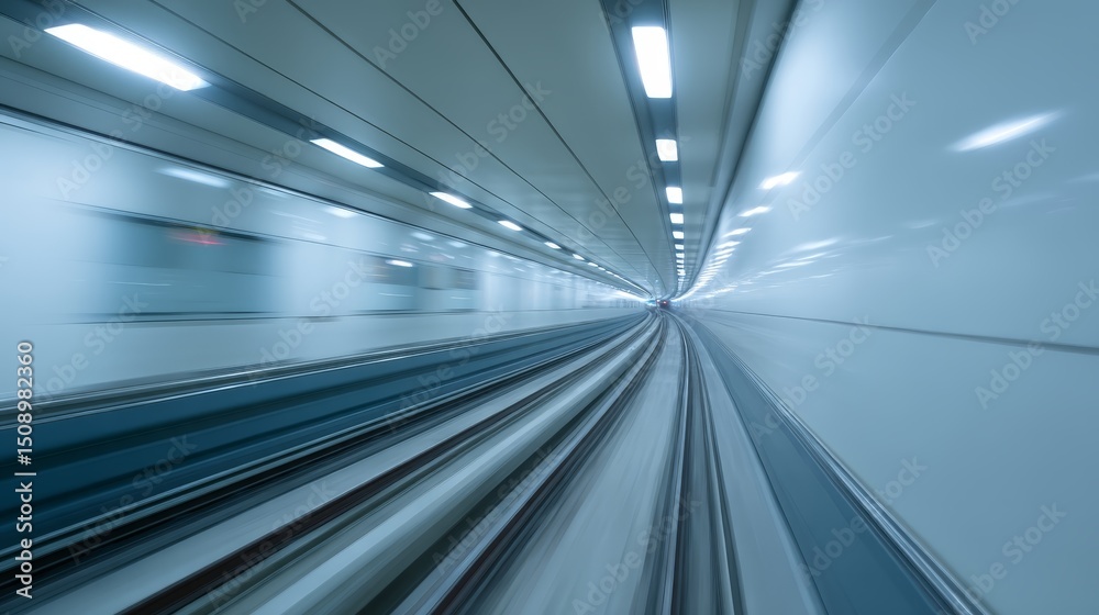 Futuristic train tunnel with motion blur effect illuminated by blue and white lights creating a sense of speed and modernity Futuristic train tunnel with motion blur effect illuminated by blue and white lights creating a sense of speed and modernity