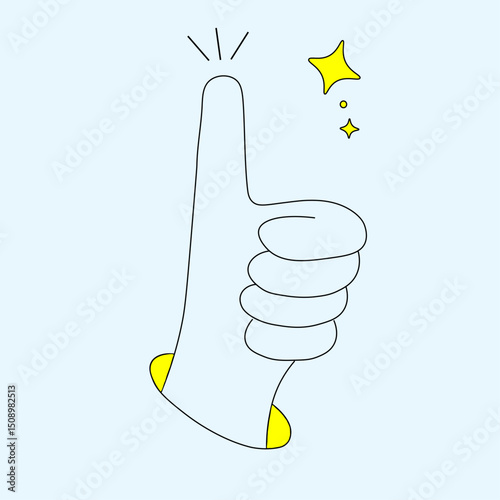 Thumbs up hand gesture with sparkles – minimal line art illustration.Minimalist line art illustration of a thumbs-up gesture with yellow sparkles and a clean light blue background. 


