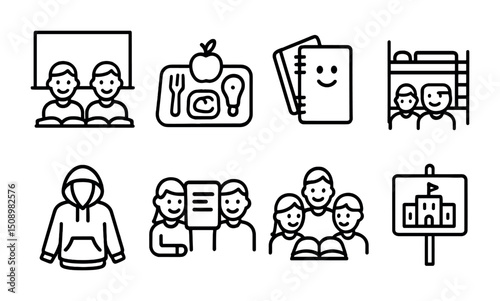 School life symbols: classroom, lunch, notes, bunk beds, and students