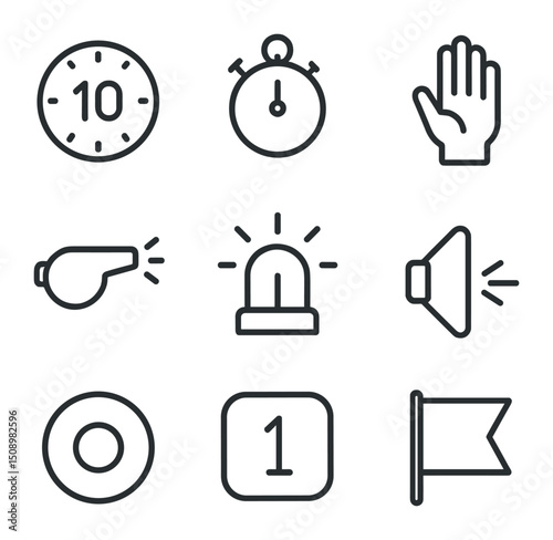 Time Cue Icon Set. Outline icon set of time and sequence cues: countdown timer, stopwatch, cue card, clap signal, starting whistle