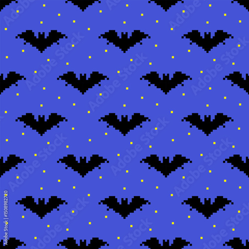 Pixel bats on the background of dark blue night sky with stars. Seamless pattern, background, print, vector illustration