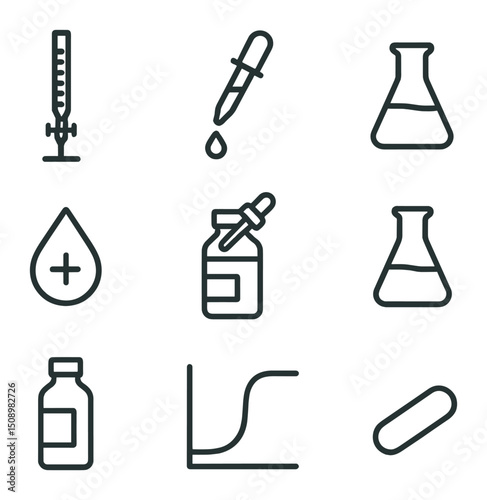 Titration Process Icons. Outline icon set of titration process: burette, pipette, Erlenmeyer flask, pH indicator drop, titrant