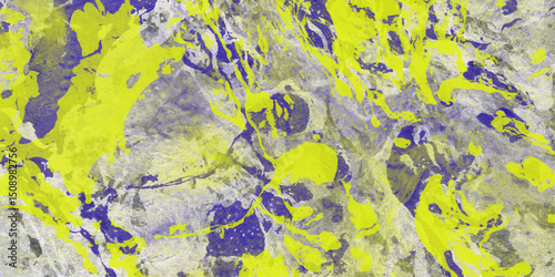 Abstract fluid art composition featuring yellow and purple splashes blended seamlessly across a textured and granular surface