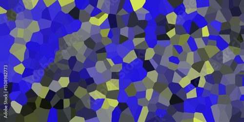 Abstract mosaic background with a variety of geometric shapes and polygons showcasing a vibrant composition featuring blue tones and shades of green.