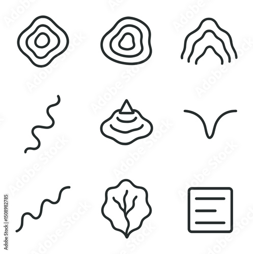 Topographic Icons Grid. Outline icon set of topographic patterns: contour lines, elevation shading, hill shadow, river path, peak