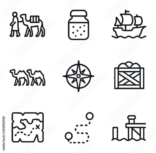 Trade Route Icons. Outline icon set of trade routes puzzle: Silk Road caravan, spice jar, merchant ship, camel caravan, compass