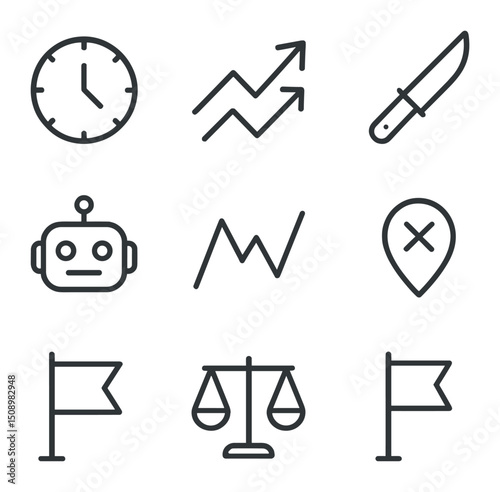 Trading Strategy Icons. Outline icon set of trading strategies: day trading clock, swing trading arrow, scalping blade,