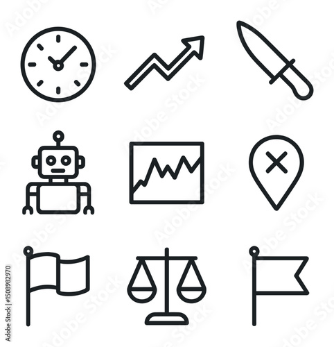 Trading Strategy Icons. Outline icon set of trading strategies: day trading clock, swing trading arrow, scalping blade,