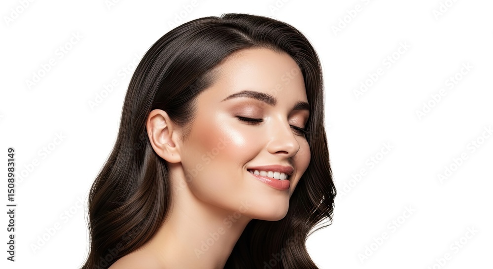 Portrait of a smiling woman with closed eyes featuring radiant skin and a glowing complexion against a clean white background. Her dark wavy hair frames her face. Portrait of a smiling woman with closed eyes featuring radiant skin and a glowing complexion against a clean white background. Her dark wavy hair frames her face.