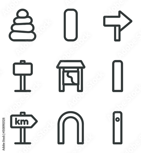Trail Marker Icons. Outline icon set of trail markers and signs: cairn pile, trail blaze, directional arrow sign, distance marker,