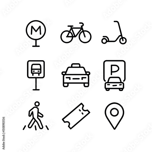 Transit Icon Set. Outline icon set of transit & arrival: metro sign, bicycle, scooter, bus stop, taxi, car parking, crosswalk,