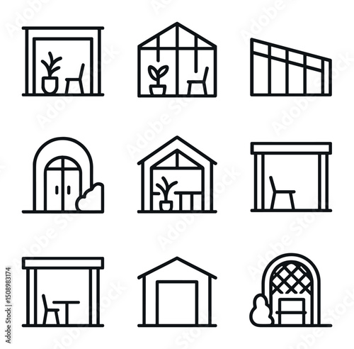 Transition Space Icons. Outline icon set of transition spaces: indoor patio, sunroom, glazed corridor, courtyard gateway, atrium