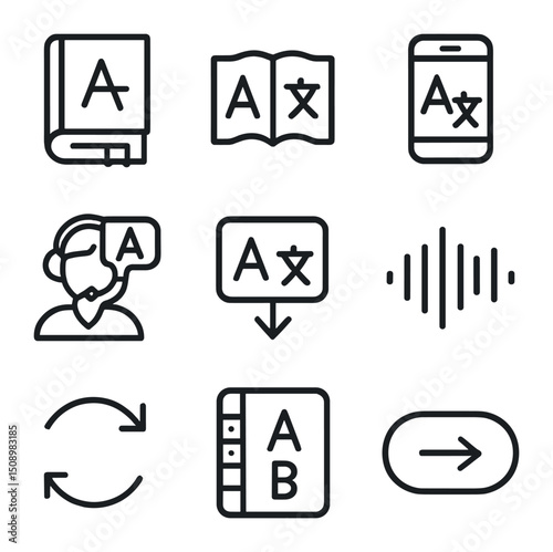 Translation Icons Set. Outline icon set of translation tools: bilingual dictionary, phrasebook, translation app, interpreter