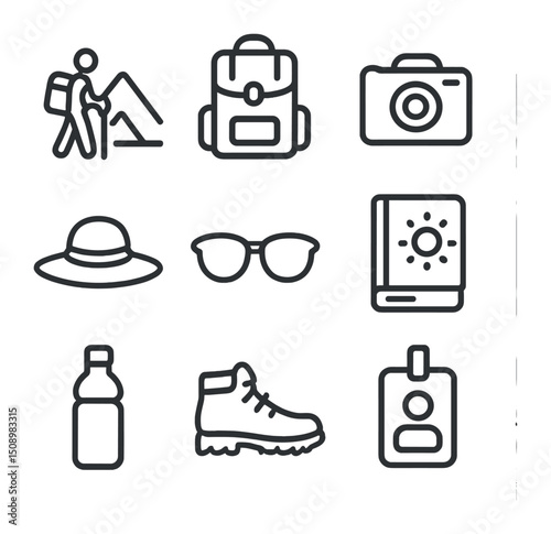 Travel Icons Overview. Outline icon set of traveler at pyramid site: traveler silhouette, backpack, camera, sun hat, sunglasses,