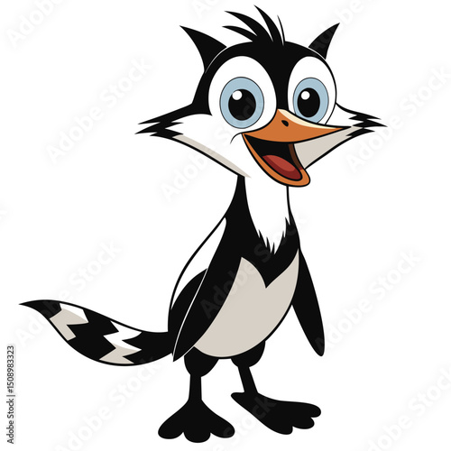 A happy cartoon bird with big blue eyes stands cheerfully against a white background