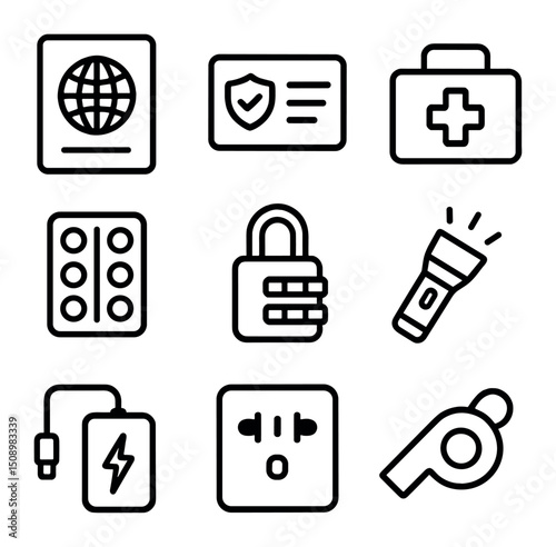 Travel Emergency Kit Icons. Outline icon set of travel emergency kit: passport copy, travel insurance card, mini first aid, water