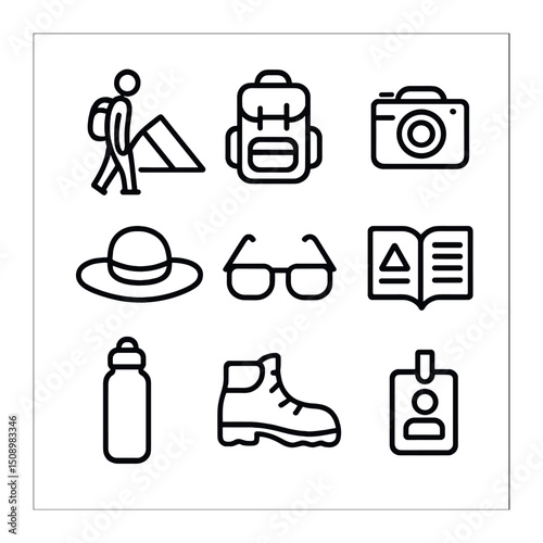 Travel Icons Overview. Outline icon set of traveler at pyramid site: traveler silhouette, backpack, camera, sun hat, sunglasses,
