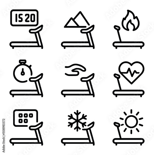 Treadmill Workout Icons. Outline icon set of treadmill workout modes: interval timer, hill climb icon, fat burner, endurance