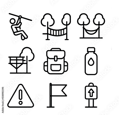 Tree Adventure Icons. Outline icon set of recreational tree adventures: zip line, canopy bridge, hanging hammock, observation