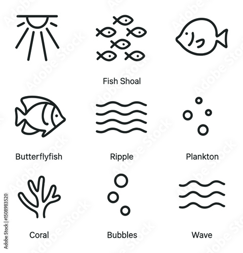 Tropical Fish Icons. Outline icon set of tropical fish shoal in sunbeams: sunshaft, fish shoal, yellow tang, butterflyfish, shadow