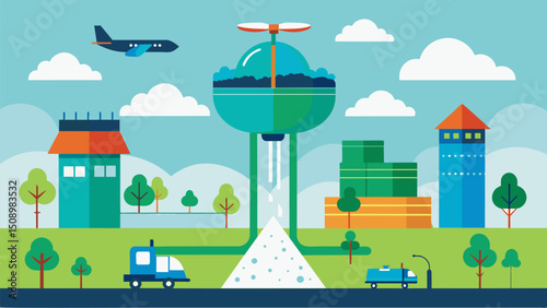 A large rainwater collection and filtration system to provide water for the green spaces and gardens within the air taxi infrastructure.. Vector illustration