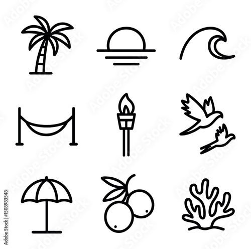 Tropical Icon Set. Outline icon set of tropical horizons: palm tree silhouettes, sunset orb, ocean swell, hammock, tiki torch,