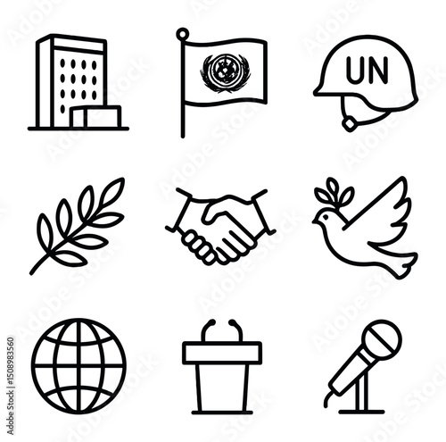 UN Peacekeeping Icon Set. Outline icon set of UN peacekeeping flag ceremony: UN building, raised UN flag, peacekeeper helmet,