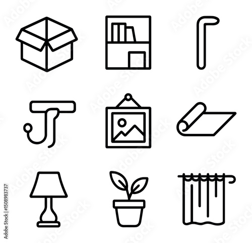Outline Unpacking Icons. Outline icon set of unpacking and setup: open box, bookshelf, furniture assembly tool, wall hanger,