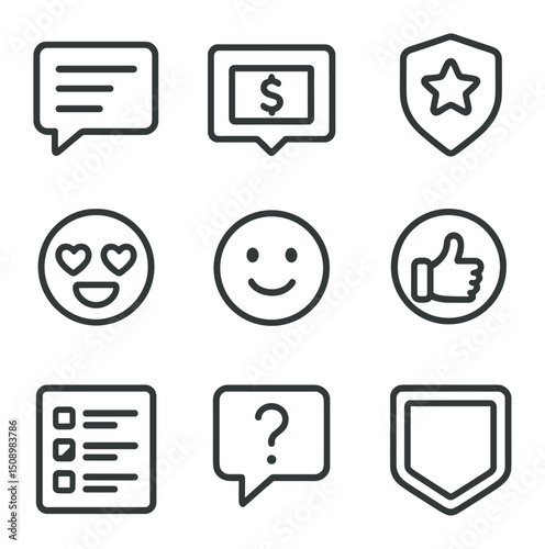 User Interaction Icons. Outline icon set of user interaction tools: chat window, donation alert, subscriber badge, emote icon,