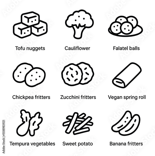 Vegan Snack Icons. Outline icon set of vegan deep-fried snacks: tofu nuggets, cauliflower wings, falafel balls, chickpea fritters,