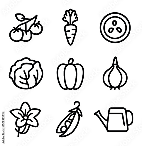 Vegetable Garden Icons. Outline icon set of vegetable garden: tomato vine, carrot top, cucumber slice, lettuce head, pepper pod,