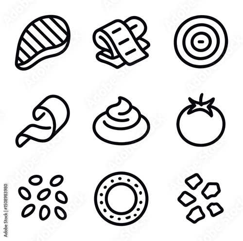 Vegetarian Icon Grid. Outline icon set of vegetarian plating: grilled vegetable fan, zucchini ribbon, beetroot disc, carrot curl,