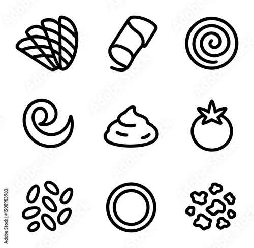 Vegetarian Icon Grid. Outline icon set of vegetarian plating: grilled vegetable fan, zucchini ribbon, beetroot disc, carrot curl,