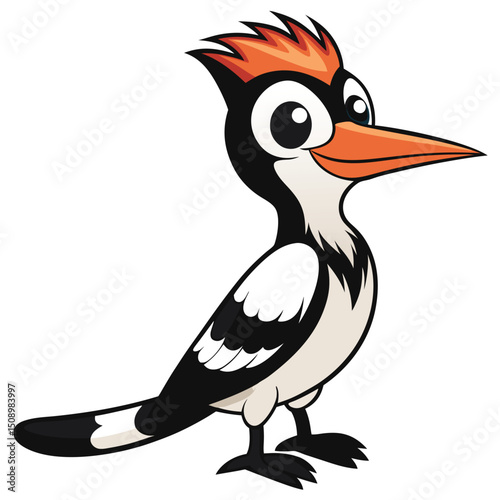 A cartoon woodpecker with orange crest plumage curiously peers to the side innocently today