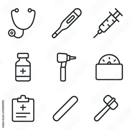 Veterinary Health Icons. Outline icon set of veterinary health checkup: stethoscope, thermometer, syringe, vaccine vial, otoscope,