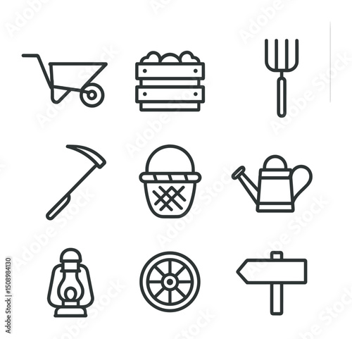 Vintage Farm Icons. Outline icon set of vintage farm equipment and produce: old wheelbarrow, wooden crate, pitchfork, scythe,