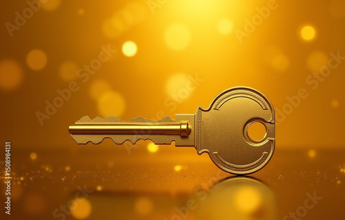 A stunning golden key lies on its side, reflecting a warm glow from a backdrop filled with soft, shimmering bokeh lights. The scene radiates luxury and intrigue, inviting curiosity