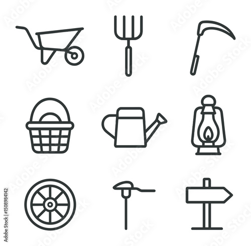 Vintage Farm Icons. Outline icon set of vintage farm equipment and produce: old wheelbarrow, wooden crate, pitchfork, scythe,