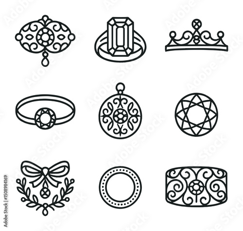 Vintage Jewelry Icons. Outline icon set of vintage diamond jewelry: Victorian brooch, Art Deco ring, Edwardian tiara, retro