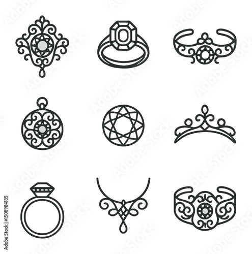 Vintage Jewelry Icons. Outline icon set of vintage diamond jewelry: Victorian brooch, Art Deco ring, Edwardian tiara, retro
