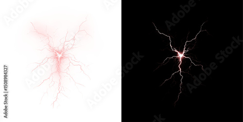 Powerful red lightning bolt with electric burst, glowing thunderstrike, neon flare and energy discharge. Realistic png element for dynamic, stormy or magical designs.