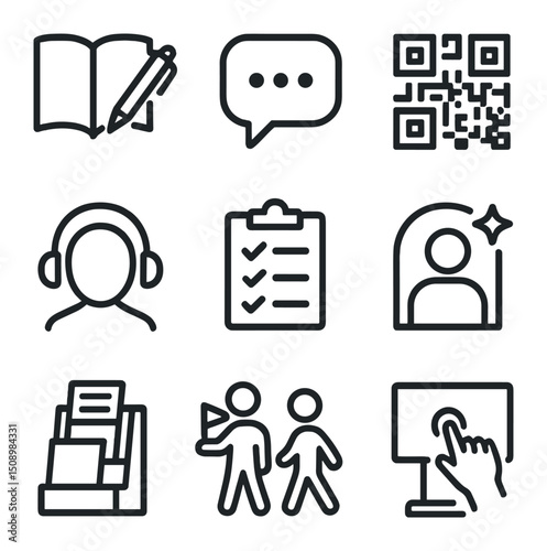 Visitor Engagement Icons. Outline icon set of visitor engagement features: guestbook, comment bubble, QR code, audio guide headset