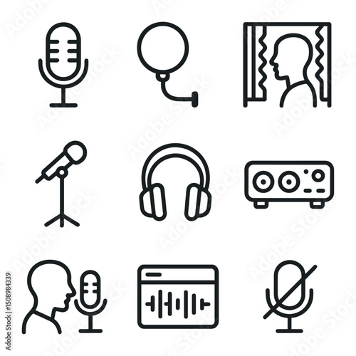 Vocal Recording Icons. Outline icon set of vocal recording: microphone, pop filter, vocal booth, mic stand, headphones, audio