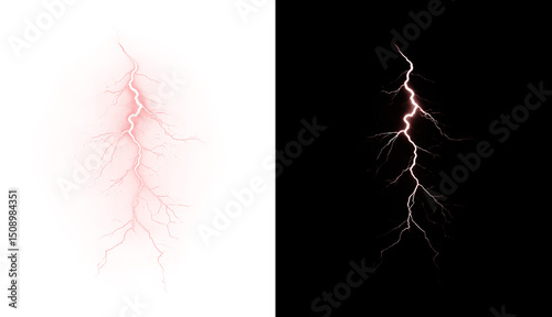 Powerful red lightning bolt with electric burst, glowing thunderstrike, neon flare and energy discharge. Realistic png element for dynamic, stormy or magical designs.