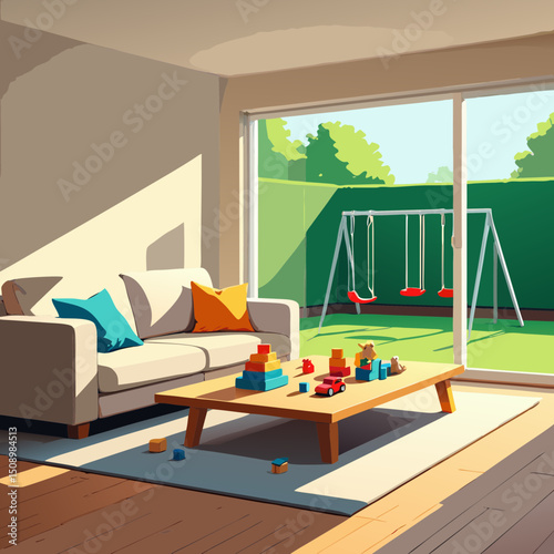 Sunny living room with garden view and swing set