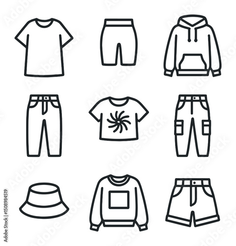 VSCO Girl Outfits. Outline icon set of VSCO girl outfits: oversized tee, bike shorts, fleece hoodie, mom jeans, tie-dye crop top,