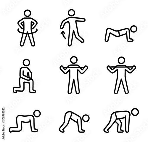 Warm-Up Exercise Icons. Outline icon set of warm-up exercises: hip circles, leg swings, glute bridges, plank, dynamic lunges,